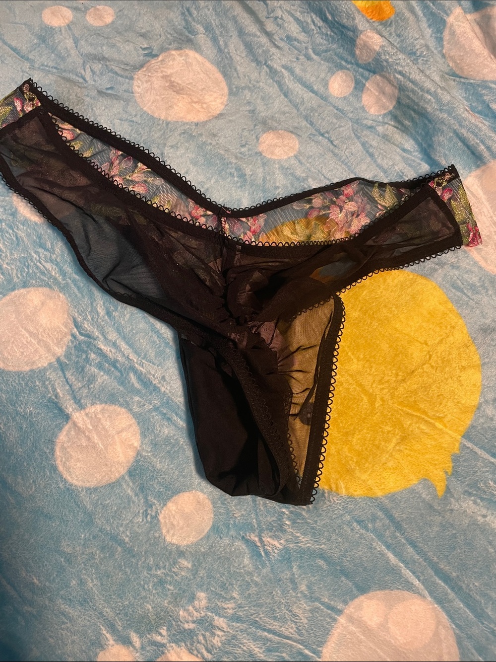Victoria's Secret Black Sheer Thong with Pink & Green Floral Embroidery - Picture 3 of 5